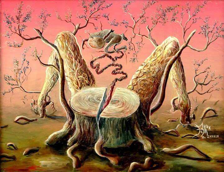 Peinture intitulée "ARBRE ACCOUCHE" par Pierre Peytavin, Œuvre d'art originale, Huile Monté sur Châssis en bois