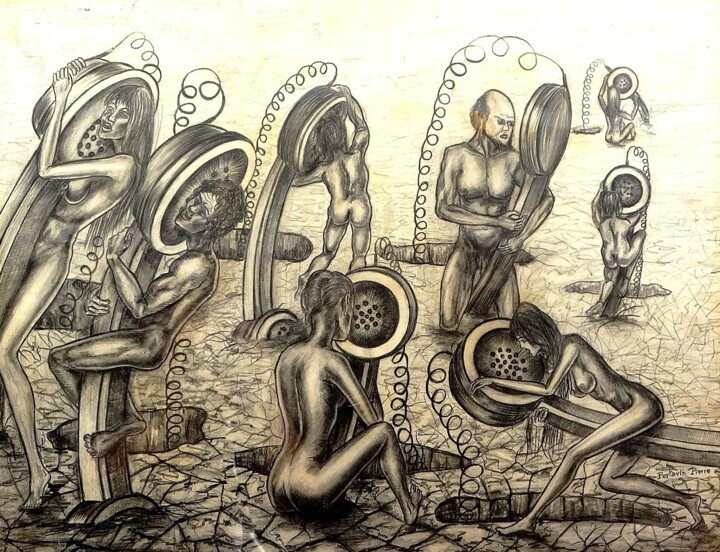 Drawing titled "Qui, écoute QUI ?" by Pierre Peytavin, Original Art, Pencil Mounted on Cardboard