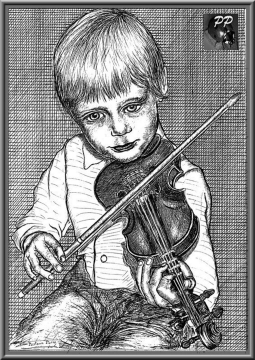 Digitale Kunst mit dem Titel "LE PETIT VIOLONISTE" von Pierre Peytavin, Original-Kunstwerk, Kugelschreiber