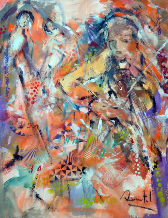 Schilderij getiteld "Violoniste et danse…" door Pierre Quentel, Origineel Kunstwerk, Acryl