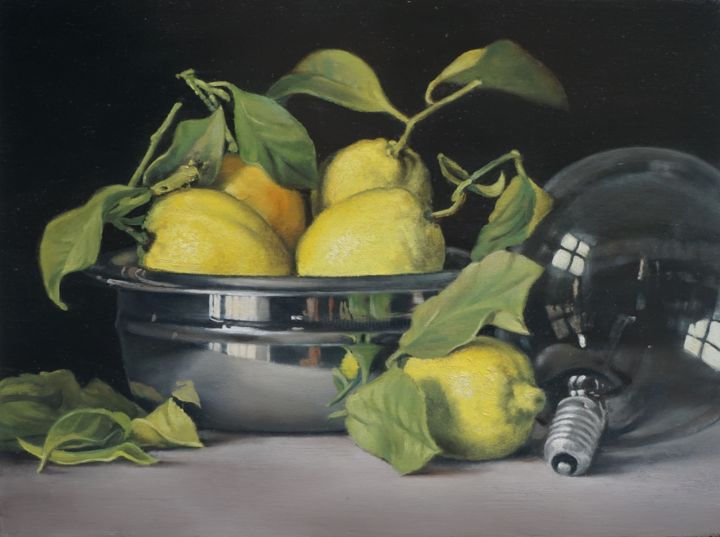 Peinture intitulée "Citrons et ampoule" par Pierre Van Bey, Œuvre d'art originale, Huile