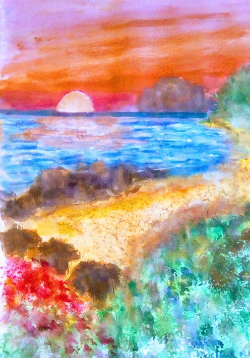 Painting titled "Crépuscule en feu" by Pierre Verhelst (PEDRO NELSON), Original Artwork, Watercolor Mounted on Cardboard