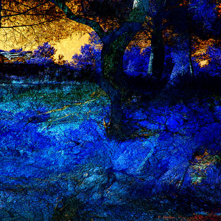 Digitale Kunst mit dem Titel "STRANGE FOREST" von Pierre Corbu, Original-Kunstwerk, Digitale Malerei