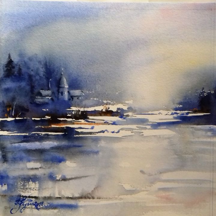 Painting titled "Brumes hivernales s…" by Pierre Feyeux, Original Artwork, Watercolor