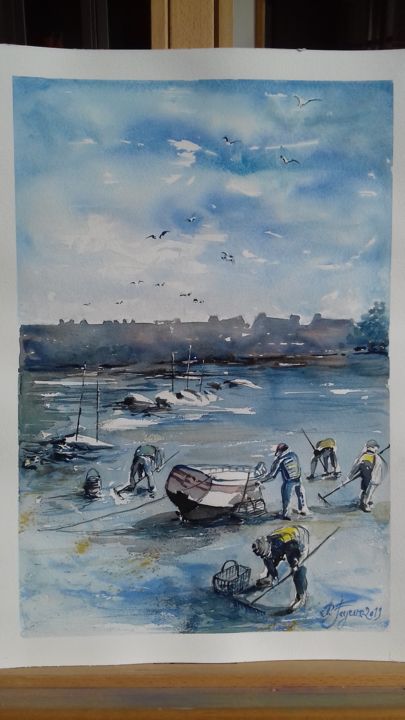 Peinture intitulée "Scène de pêche en B…" par Pierre Feyeux, Œuvre d'art originale, Aquarelle