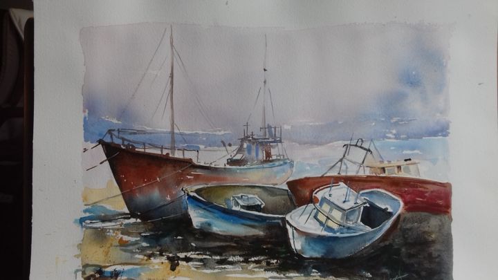 Painting titled "Cimetière de bateaux" by Pierre Feyeux, Original Artwork, Watercolor