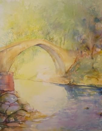 Painting titled "Le Pont Corse" by Pierre Feyeux, Original Artwork, Watercolor