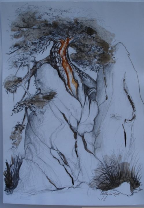 Dessin intitulée "Le pin dans les roc…" par Pierre Feyeux, Œuvre d'art originale, Autre