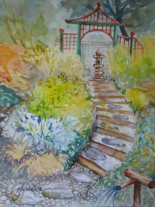 Peinture intitulée "Prendre l'escalier" par Pierre Feyeux, Œuvre d'art originale, Aquarelle