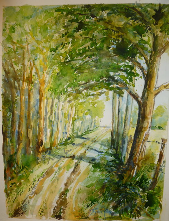 Painting titled "Chemin-forestier-Oz…" by Pierre Feyeux, Original Artwork, Watercolor