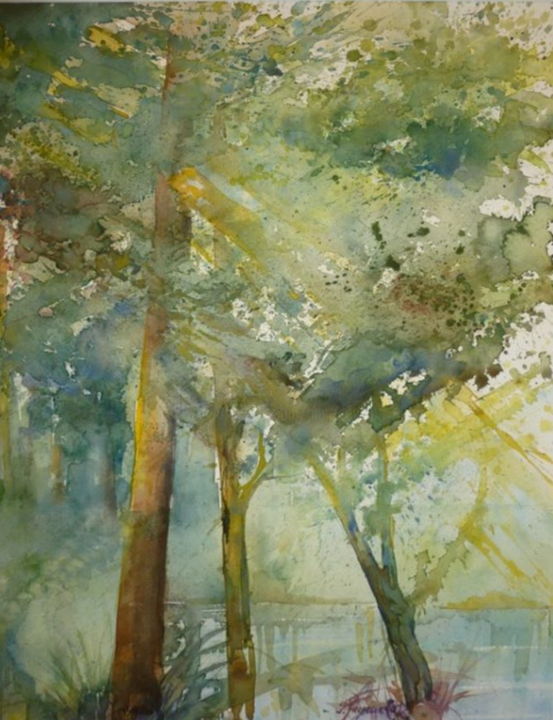 Painting titled "A travers les feuil…" by Pierre Feyeux, Original Artwork, Watercolor