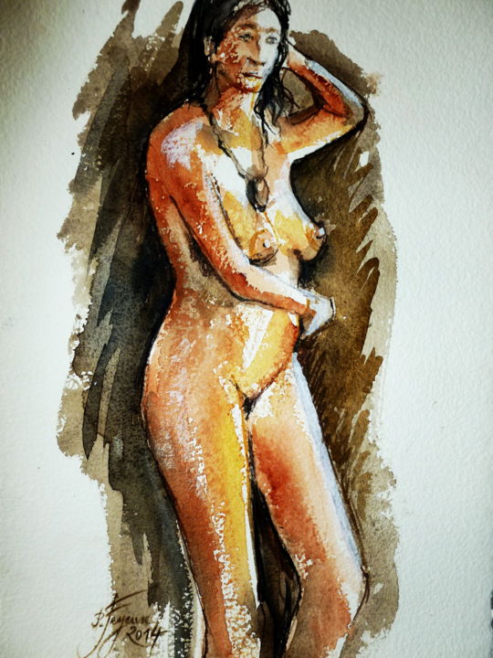 Painting titled "Pose debout" by Pierre Feyeux, Original Artwork, Watercolor