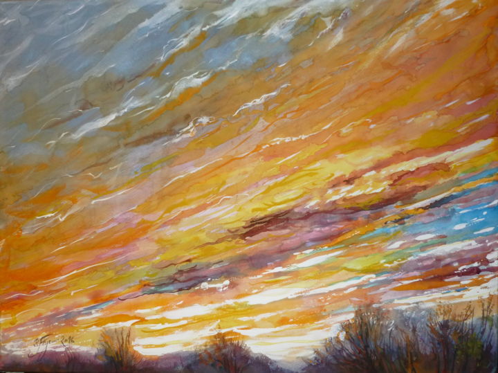 Peinture intitulée "COUCHER de soleil 1" par Pierre Feyeux, Œuvre d'art originale, Aquarelle