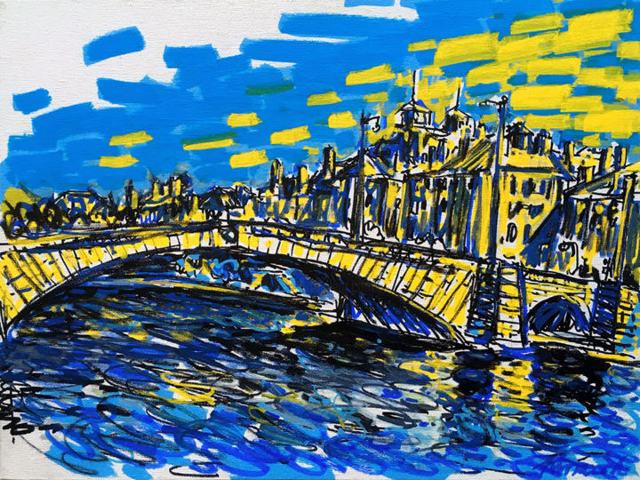 Painting titled "Un pont à Lyon" by Gilles Pierre, Original Artwork, Acrylic