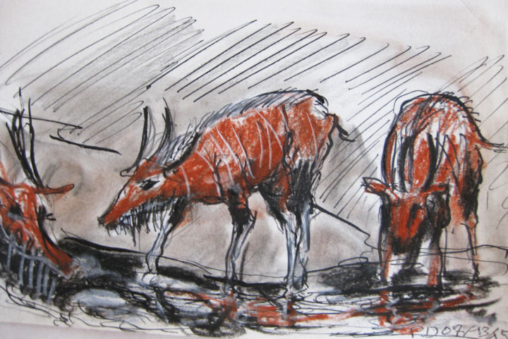 Drawing titled "Antilopes" by Pierre Jean Delpeuc'H, Original Artwork, Chalk