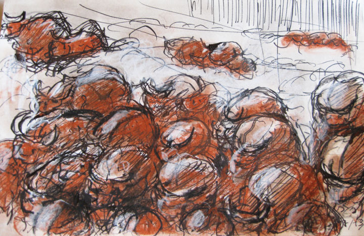 Zeichnungen mit dem Titel "Buffles" von Pierre Jean Delpeuc'H, Original-Kunstwerk, Kreide