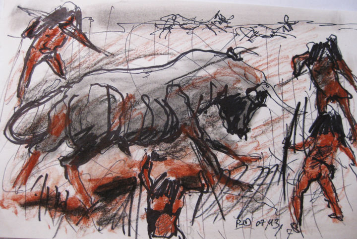 Zeichnungen mit dem Titel "La chasse 2" von Pierre Jean Delpeuc'H, Original-Kunstwerk, Kreide