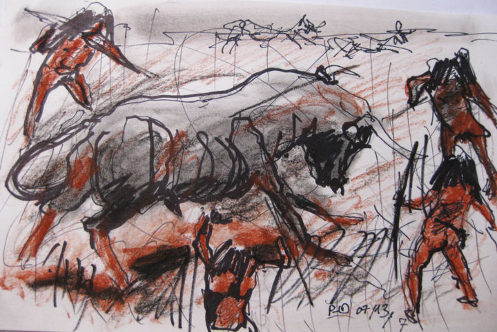 Dessin intitulée "La chasse 2" par Pierre Jean Delpeuc'H, Œuvre d'art originale, Craie