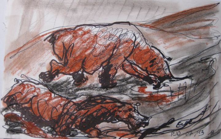 Zeichnungen mit dem Titel "Rhinocéros" von Pierre Jean Delpeuc'H, Original-Kunstwerk, Kreide