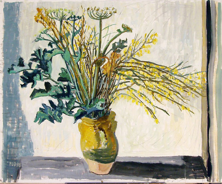 Peinture intitulée "Pot jaune, fleurs e…" par Pierre Jean Delpeuc'H, Œuvre d'art originale, Acrylique