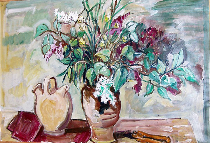 Painting titled "Bouquet et cruche" by Pierre Jean Delpeuc'H, Original Artwork, Acrylic