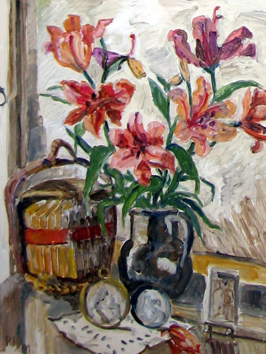 Schilderij getiteld "Bouquet et panier e…" door Pierre Jean Delpeuc'H, Origineel Kunstwerk, Acryl