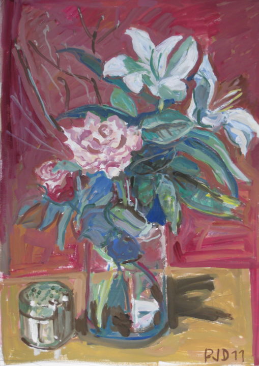 Painting titled "Bouquet sur fond ro…" by Pierre Jean Delpeuc'H, Original Artwork, Acrylic