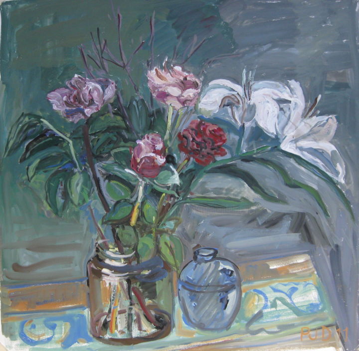 Peinture intitulée "Bouquet sur fond gr…" par Pierre Jean Delpeuc'H, Œuvre d'art originale, Acrylique