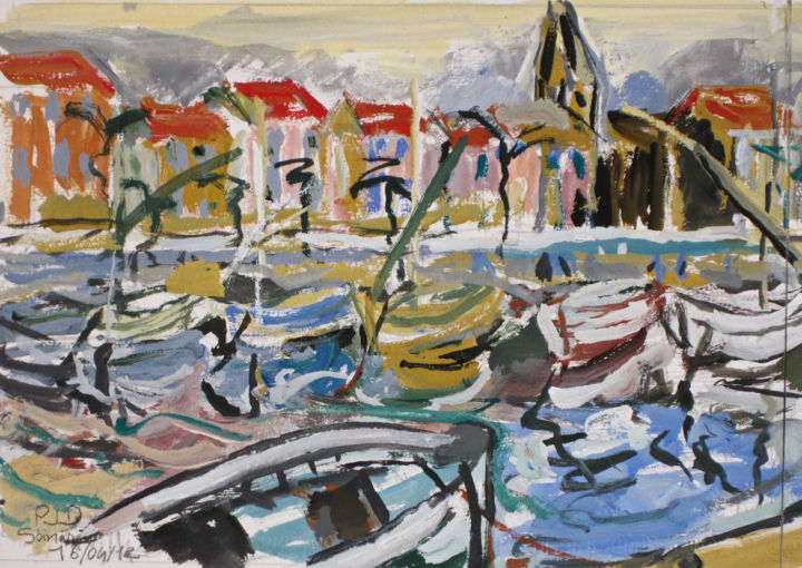 Pintura intitulada "Sanary port tour ca…" por Pierre Jean Delpeuc'H, Obras de arte originais, Guache