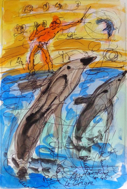 Painting titled "Les dauphins" by Pierre Jean Delpeuc'H, Original Artwork, Watercolor