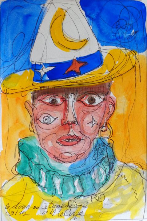 Картина под названием "Le clown ou le troi…" - Pierre Jean Delpeuc'H, Подлинное произведение искусства, Акварель