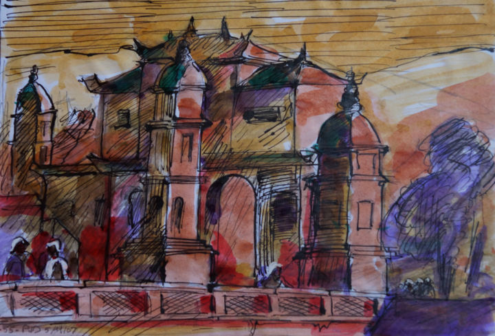 Painting titled "Une vieille pagode…" by Pierre Jean Delpeuc'H, Original Artwork, Ink