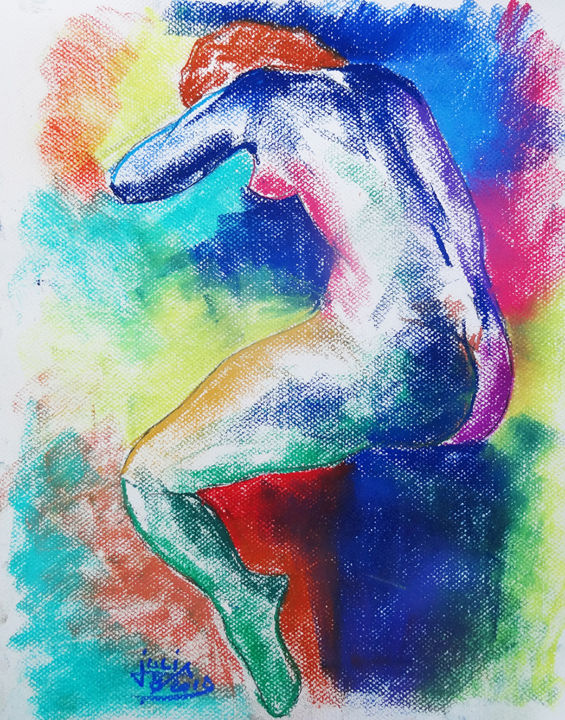 Рисунок под названием "nue pastel assise" - Pierre Julia, Подлинное произведение искусства, Пастель