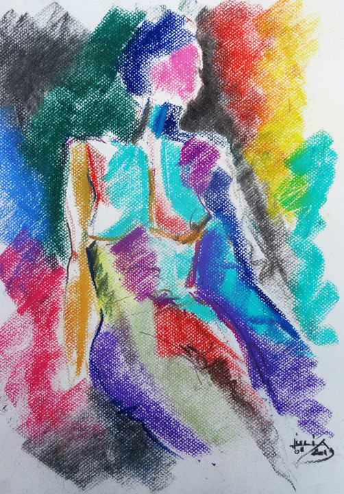 Рисунок под названием "nue assise 3 pastel" - Pierre Julia, Подлинное произведение искусства, Пастель