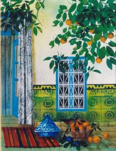 Peinture intitulée "Le patio à Hammameth" par Pierre Jutand, Œuvre d'art originale