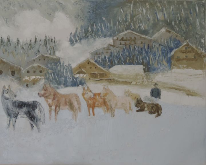 Peinture intitulée "Chiens sous la Neige" par Massabo, Œuvre d'art originale