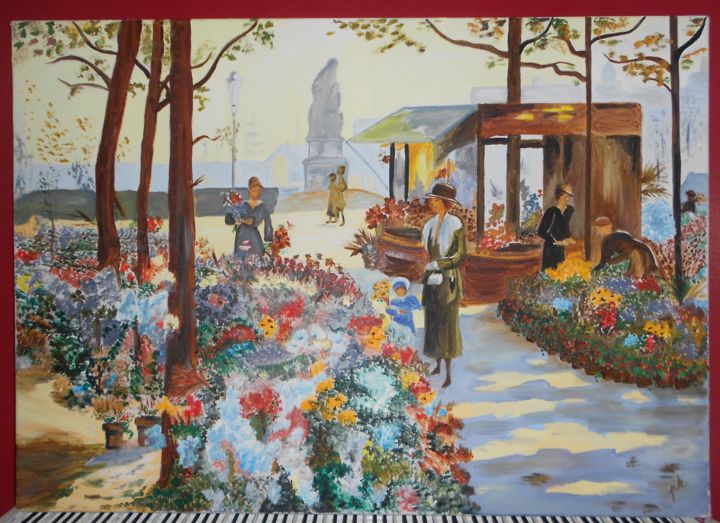 Peinture intitulée "le marché aux fleurs" par Pierrette Kuhn, Œuvre d'art originale, Huile