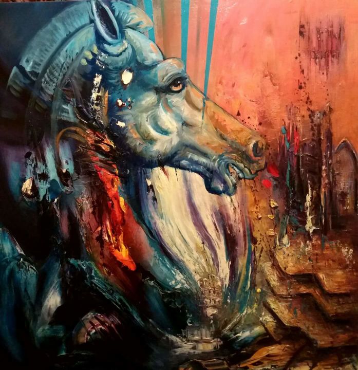 Peinture intitulée "Cheval de troie" par Pierrick Her, Œuvre d'art originale, Huile