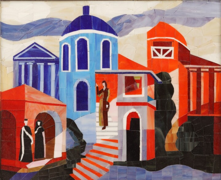 Peinture intitulée "Mosaic panel "City"" par Tatiana Fololeeva, Œuvre d'art originale, Mosaïque