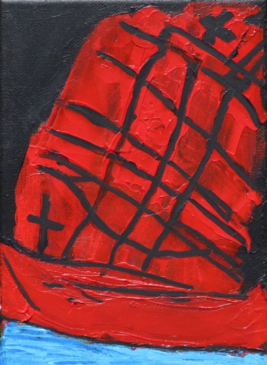 "Red Boat in Ocean" başlıklı Tablo Pedro Silvestre tarafından, Orijinal sanat, Akrilik