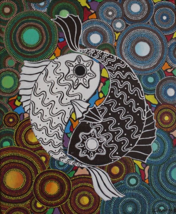 Painting titled "yin-yang-les-4-elem…" by Liliane Rafales-Richard, Original Artwork, Acrylic
