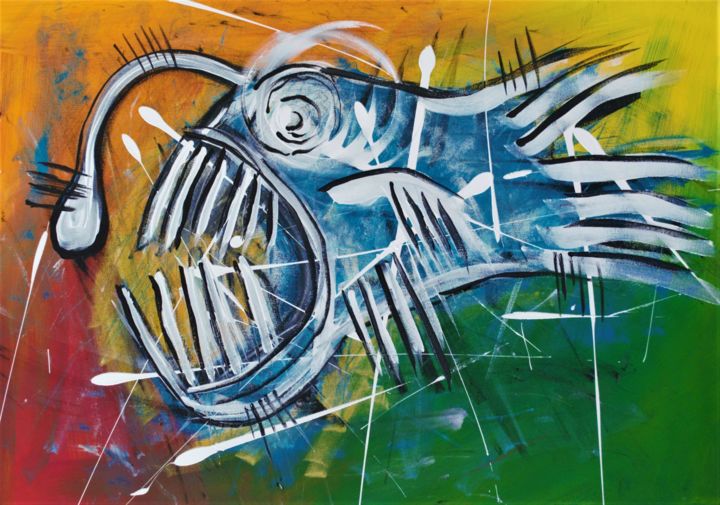 Painting titled "Angler Fish" by Simon Houlton, Original Artwork, Acrylic Mounted on Wood Stretcher frame