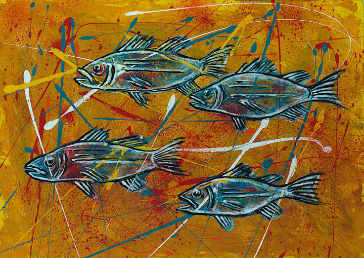 "School (Weird Fishe…" başlıklı Tablo Simon Houlton tarafından, Orijinal sanat, Akrilik Ahşap Sedye çerçevesi üzerine monte…