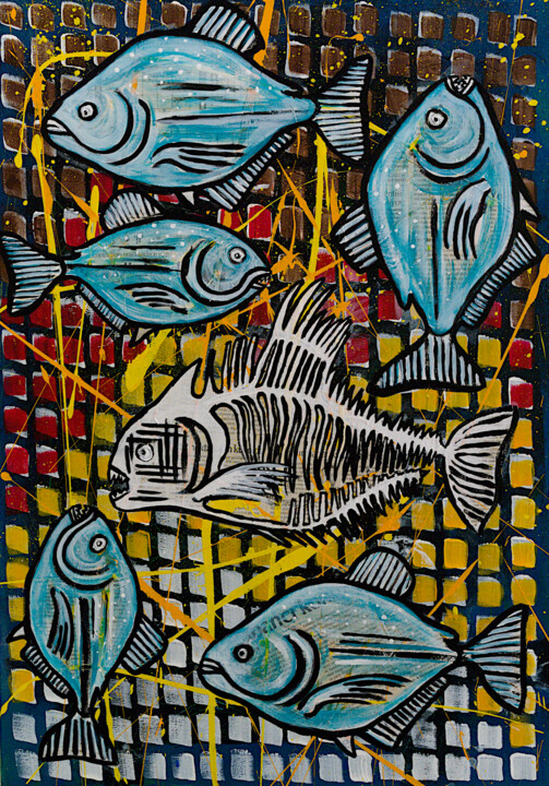 Malerei mit dem Titel "Exile (Weird Fishes)" von Simon Houlton, Original-Kunstwerk, Acryl Auf Keilrahmen aus Holz montiert