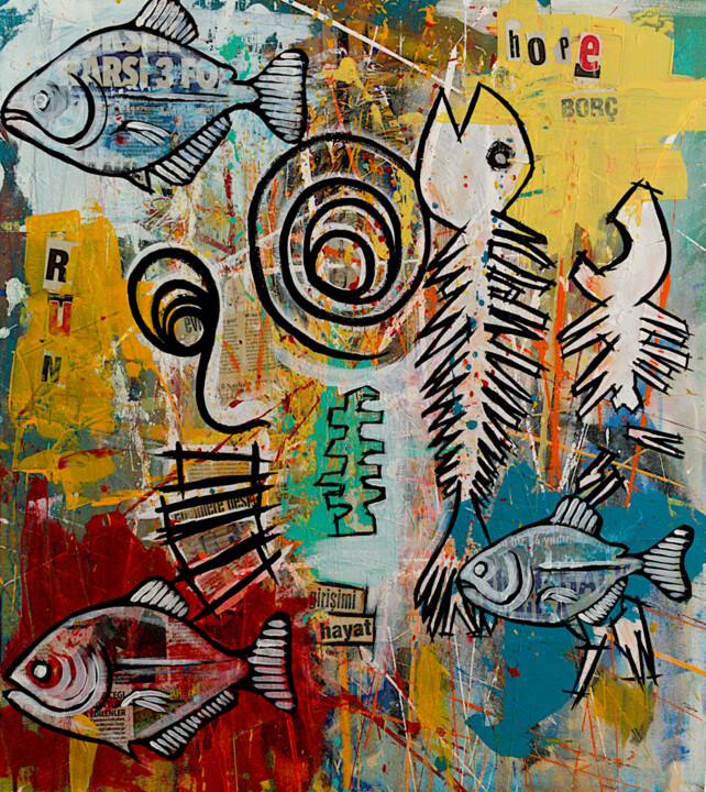 Painting titled "Fish face mash-up" by Simon Houlton, Original Artwork, Acrylic Mounted on Wood Stretcher frame