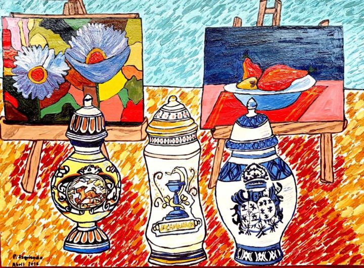 Pintura titulada "FLORES, ALBARELOS Y…" por Maria Izquierdo, Obra de arte original, Acrílico