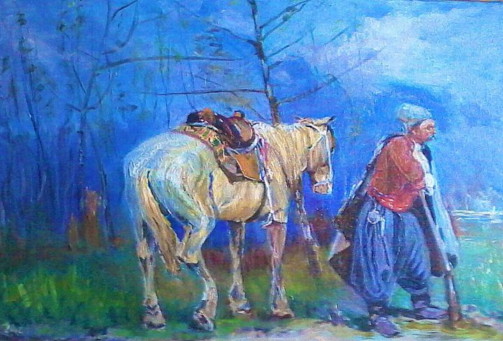 Pittura intitolato "Запорожец в дозоре" da Iurii Kravtsov, Opera d'arte originale