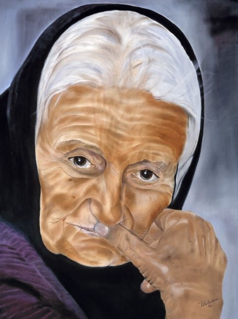 Pittura intitolato "Old Lady with Scarf" da Pila Cadena, Opera d'arte originale, Olio