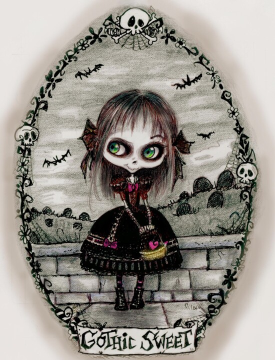 Pittura intitolato "Gothic Lolita Skele…" da Pilar Agrelo Art Studio, Opera d'arte originale, Inchiostro