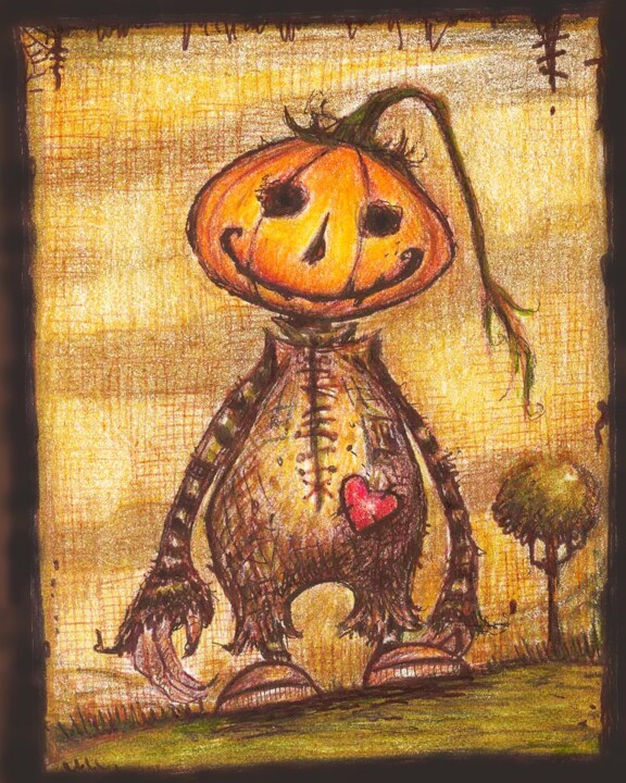 Drawing titled "Pumpkin Head   - st…" by Pilar Agrelo Art Studio, Original Artwork, Ink